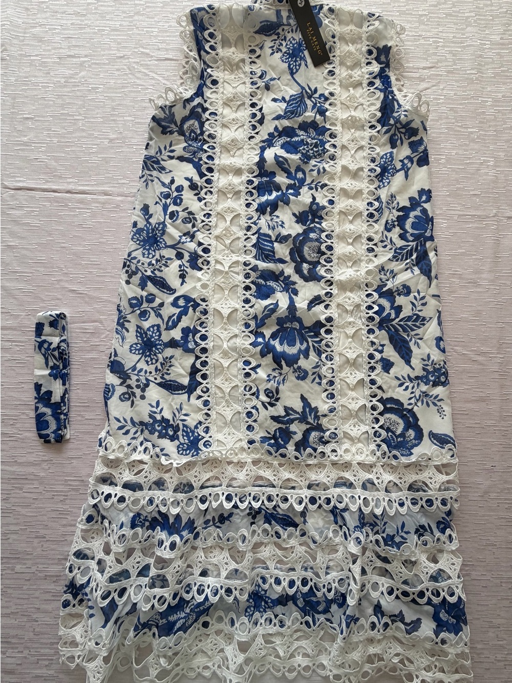 NWT Lai Meng Five Cats Sleeveless Hollow out Lace Trim Midi Dress with Belt S - Picture 6 of 10